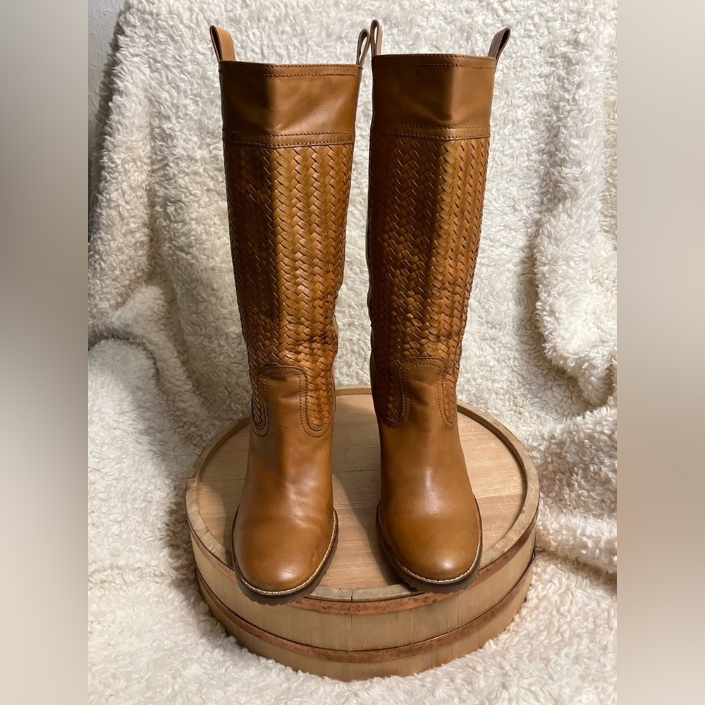 Cole Haan Dallon Vintage Tan Tall Woven Leather Heel Boots Western Size 8.5 - Picture 2 of 8